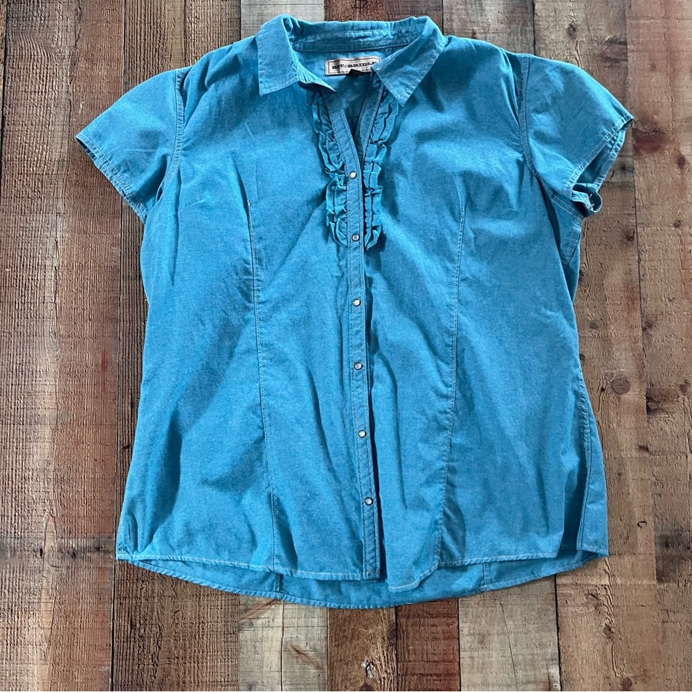 Blue Short Sleeve Button-Up Blouse